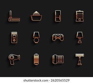 Definir linha Secador de cabelo, alto-falante estéreo, Roteador e sinal wi-fi, Telefone, Aquecedor elétrico, Lâmpada de mesa e ícone Gamepad. Vetor