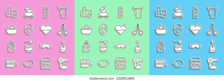 Set line Hair dryer, Tea bag, Scissors, Cream lotion cosmetic tube, Facial mask, Bathtub, Bar of soap with foam and Heart heal icon. Vector
