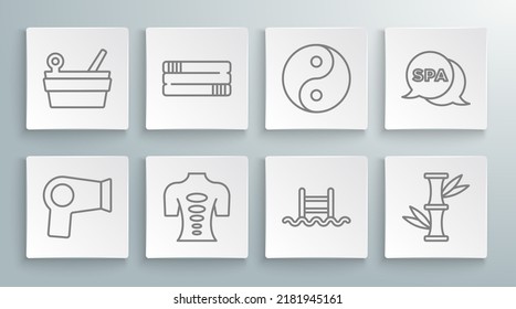 Set line Hair dryer, Towel stack, Massage stone therapy, Swimming pool with ladder, Bamboo, Yin Yang, Spa salon and Sauna bucket and ladle icon. Vector