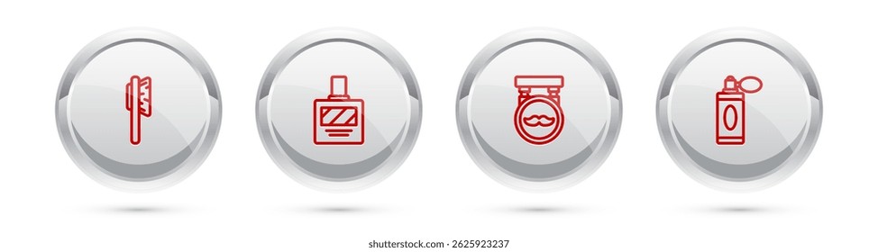 Set line Hairbrush, Aftershave, Barbershop and bottle with atomizer. Silver circle button. Vector