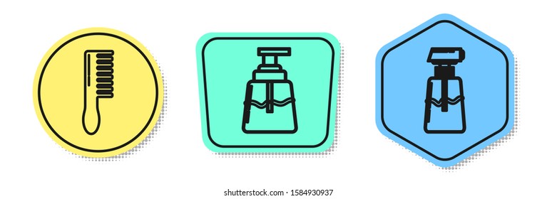 Set line Hairbrush, Aftershave and Cream or lotion cosmetic tube. Colored shapes. Vector