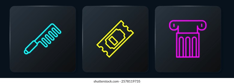 Set line Hairbrush, Ancient column and Cinema ticket. Black square button. Vector