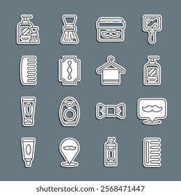 Set line Hairbrush, Barbershop, Bottle of shampoo, Cream or lotion cosmetic jar, Blade razor, Shaving gel foam and and Towel hanger icon. Vector