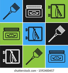 Set line Hairbrush, Barbershop with razor and Cream or lotion cosmetic jar icon. Vector