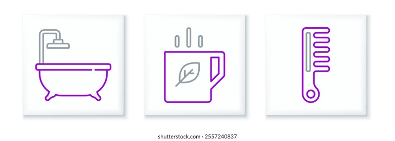 Set line Hairbrush, Bathtub and Cup of tea and leaf icon. Vector