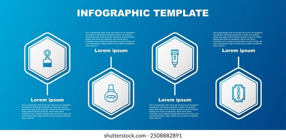 Set line Cepillo de pelo, barba y bigotes botella de aceite de cuidado, cortador de pelo eléctrico o afeitadora y cuchilla de afeitar. Plantilla de infografía de negocios. Vector