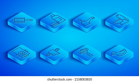 Set line Hairbrush, Bottle of shampoo, Water tap, Toilet paper roll, Shaving razor, bowl, Gas boiler and Rubber duck icon. Vector