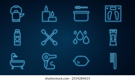 Set line Hairbrush, Bottle of shampoo, Sauna bucket and ladle, Cotton swab for ears, Cream lotion cosmetic tube, Kettle with handle, Water drop and Burning candle icon. Vector