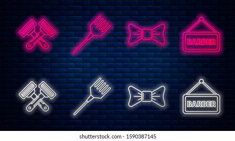 Set line Hairbrush, Bow tie, Crossed shaving razor and Barbershop. Glowing neon icon on brick wall. Vector