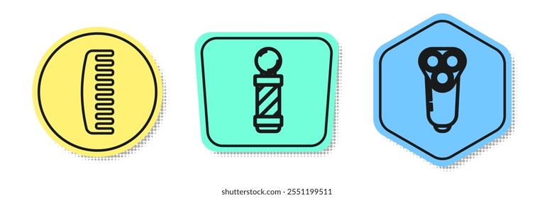 Set-Linie Haarbürste, Classic Barber Shop-Stange und Elektrische Rasierklinge für Männer. Farbige Formen. Vektorgrafik