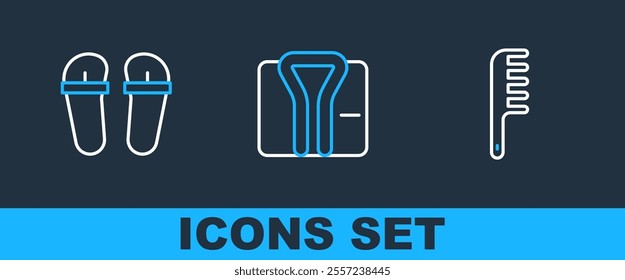 Set line Hairbrush, Flip flops and Bathrobe icon. Vector