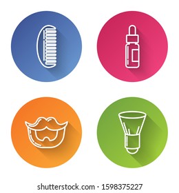 Set line Hairbrush, Glass bottle with a pipette, Mustache and beard and Shaving brush. Color circle button. Vector
