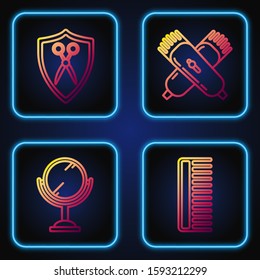 Set line Hairbrush, Hand mirror, Scissors hairdresser and shield and Crossed electrical hair clipper or shaver. Gradient color icons. Vector