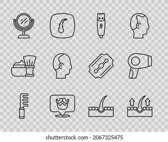 Set line Hairbrush, Human hair follicle, clipper, Barbershop, Hand mirror, Baldness,  and dryer icon. Vector