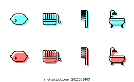Set line Hairbrush, Lemon, Sauna bucket and ladle and Bathtub icon. Vector
