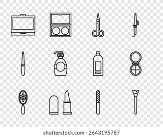 Set line Hairbrush, Makeup, Scissors, Lipstick, powder with mirror, Bottle of liquid soap, Nail file and  icon. Vector