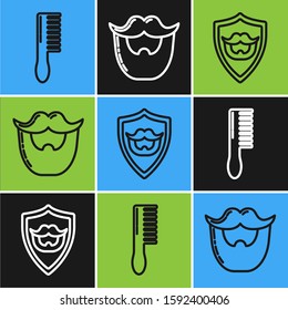 Set line Hairbrush, Mustache and beard on shield and Mustache and beard icon. Vector