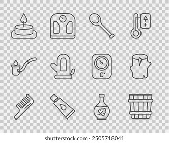 Set line Hairbrush, Sauna bucket, ladle, Cream or lotion cosmetic tube, Aroma candle, mitten, Essential oil bottle and Wooden log icon. Vector