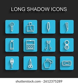 Set line Hairbrush, Scissors, dryer, Perfume, Bar of soap, Eye shadow palette, Makeup powder with mirror and Eyelash curler icon. Vector