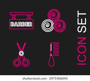 Set line Cepillo de pelo, tijeras peluquero, rollos de toallas y el icono de la barbería. Vector