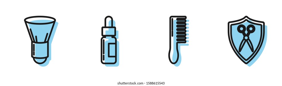 Set line Hairbrush, Shaving brush, Glass bottle with a pipette and Scissors hairdresser and shield icon. Vector