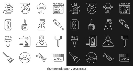 Set line Hairbrush, Shaving razor, Electrical hair clipper, Barbershop chair, Dustpan, Blade, Bottle of shampoo and Cream cosmetic tube icon. Vector