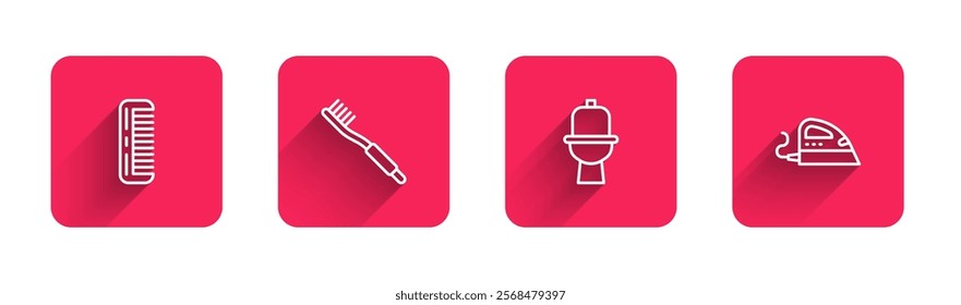 Set line Hairbrush, Toothbrush, Toilet bowl and Electric iron with long shadow. Red square button. Vector