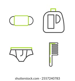 Set line Hairbrush, Underwear, Bottles for cleaning agent and Medical protective mask icon. Vector