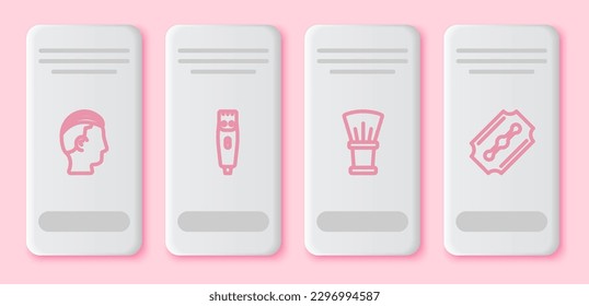 Set line Hairstyle for men, clipper, Shaving brush and Blade razor. White rectangle button. Vector
