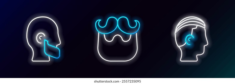 Set line Hairstyle for men, Mustache and beard and  icon. Glowing neon. Vector