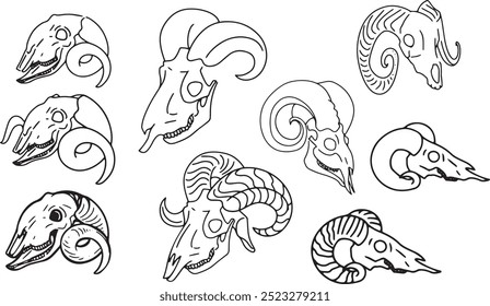 Set Line Halloween Clip art llustration animal skull Ink linear drawing western style coloring. Modern minimalist print design element dead creature contour deceased cattle ram skull outline sheep cow