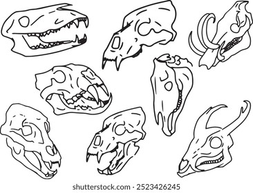 Set Line Clip de Halloween ilustración de arte calavera animal Tinta lineal dibujo western estilo para colorear. Elemento de diseño de impresión minimalista moderno contorno de criatura muerta contorno de cráneo de carnero de ganado muerto contorno de vaca de oveja