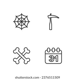 Set line Halloween date 31 october, Crossed bones, Spider web and Scythe icon. Vector