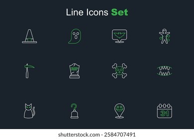 Set line Halloween date 31 october, Happy holiday, Pirate hook, Black cat, Vampire teeth, Skull on crossbones, Tombstone with RIP written and Scythe icon. Vector