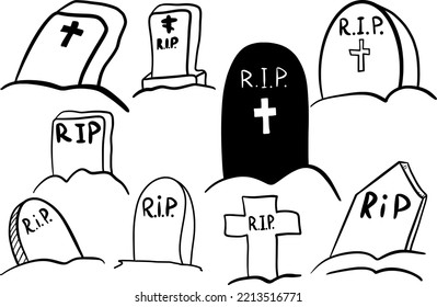 Set of line Halloween grave tombstones rip.