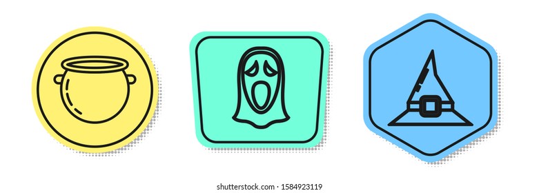 Set line Halloween witch cauldron , Funny and scary ghost mask for Halloween  and Witch hat . Colored shapes. Vector