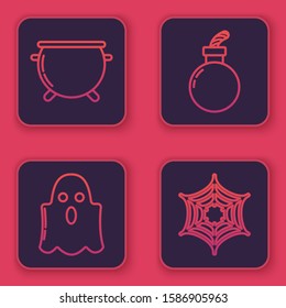 Set line Halloween witch cauldron , Ghost , Bomb ready to explode  and Spider web . Blue square button. Vector