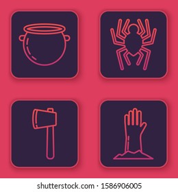 Set line Halloween witch cauldron , Wooden axe , Spider  and Zombie hand . Blue square button. Vector