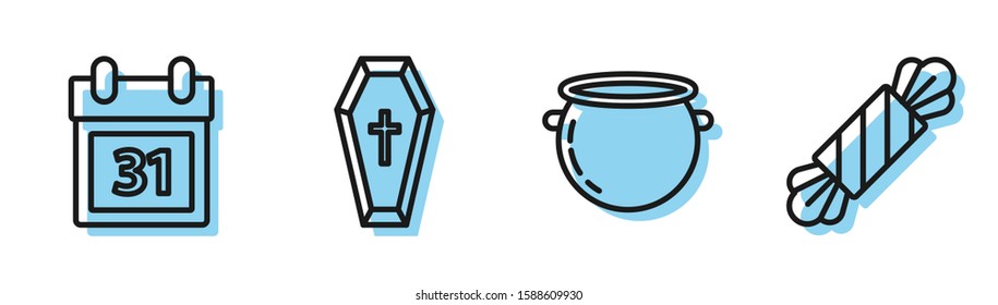 Set line Halloween witch cauldron , Calendar with Halloween date 31 october , Coffin with christian cross  and Candy  icon. Vector