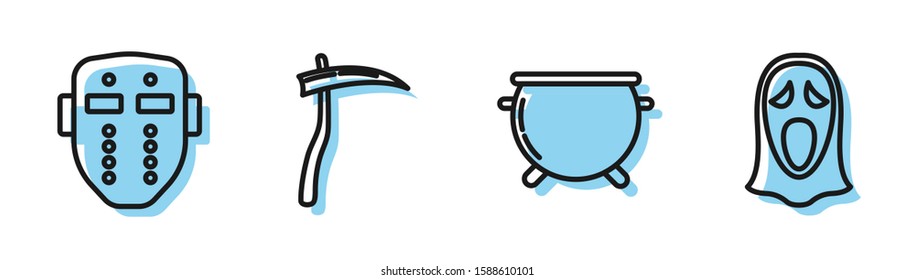 Set line Halloween witch cauldron , Hockey mask , Scythe  and Funny and scary ghost mask for Halloween  icon. Vector