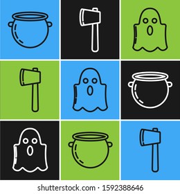 Set line Halloween witch cauldron , Ghost  and Wooden axe  icon. Vector
