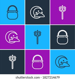 Set line Halloween witch cauldron, Neptune Trident and Moon and stars icon. Vector