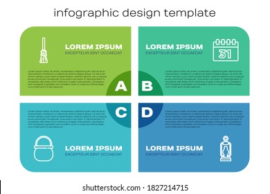 Set line Halloween witch cauldron, Witches broom, Camping lantern and Calendar with. Business infographic template. Vector