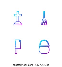 Set line Halloween witch cauldron, Meat chopper, Tombstone with cross and Witches broom. Gradient color icons. Vector