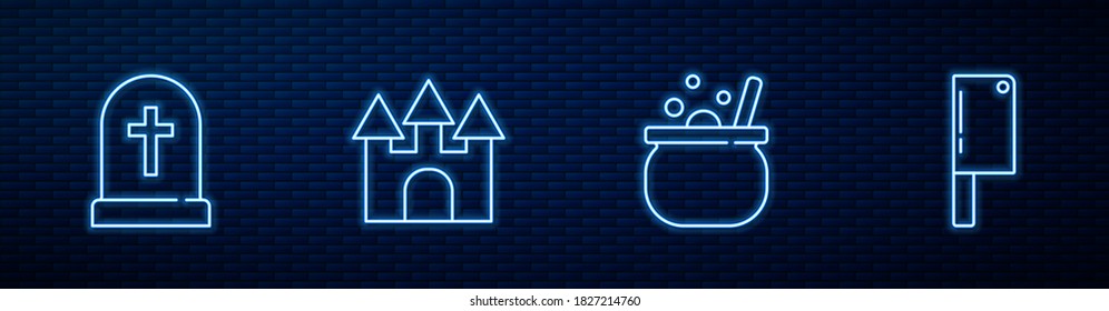 Set line Halloween witch cauldron, Tombstone with cross, Castle and Meat chopper. Glowing neon icon on brick wall. Vector