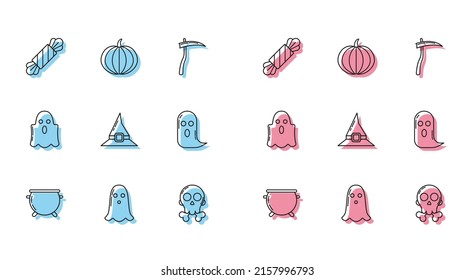 Set line Halloween witch cauldron, Ghost, Candy, Skull crossbones, Witch hat,  and Pumpkin icon. Vector