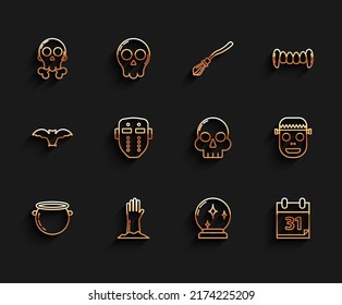 Set Line Halloween Witch Cauldron, Zombie Hand, Skull Crossbones, Magic Ball, Calendar With Date 31 October, Hockey Mask,  And  Icon. Vector