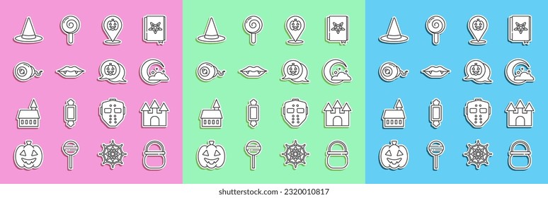 Set line Halloween witch cauldron, Castle, Moon and stars, Pumpkin, Vampire teeth, Eye, Witch hat and  icon. Vector