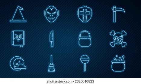 Set line Halloween witch cauldron, Skull crossbones, Hockey mask, Knife, Ancient magic book, Witch hat,  and Vampire icon. Vector