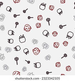 Set line Halloween witch cauldron, Trident devil, Pumpkin and Vampire on seamless pattern. Vector